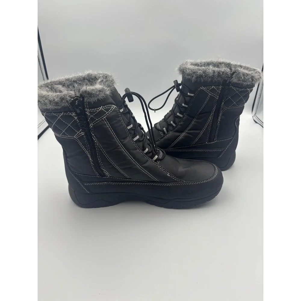 Totes Womens Black Winter Boots Faux Fur Trim Bungee Lace Side Zip Size 8W